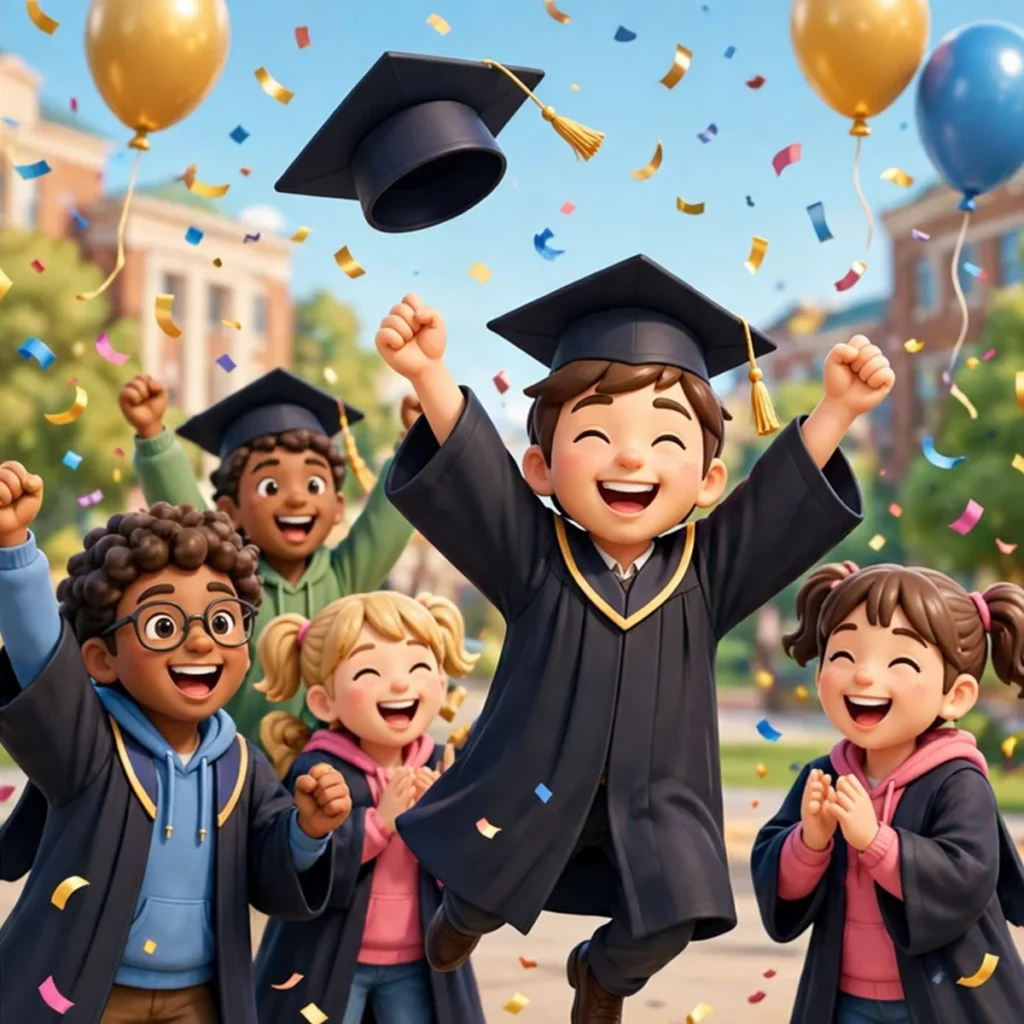 A joyful cartoon graduate jumping with both arms raised as a graduation cap flies through the air, while laughing friends in gowns celebrate with confetti and balloons on a sunny campus.