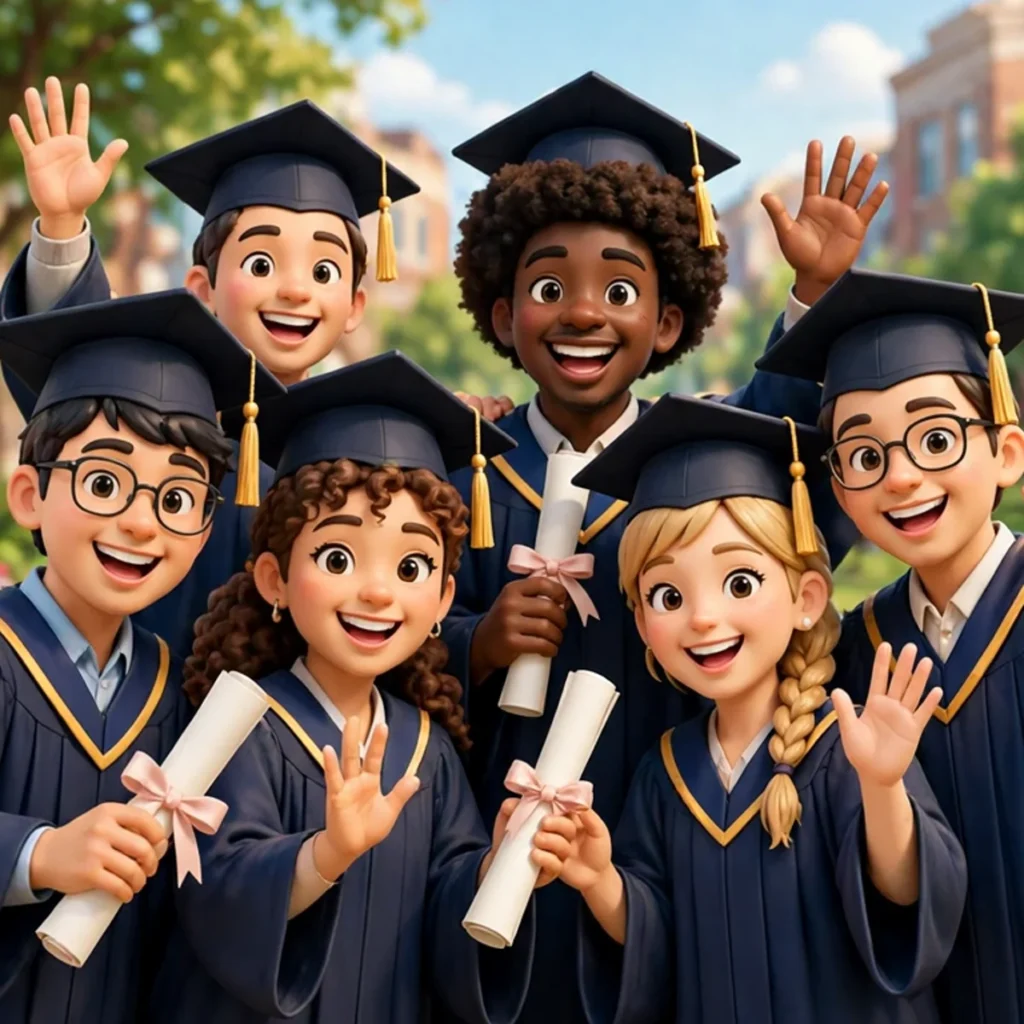 Six happy cartoon graduates in navy caps and gowns waving at the camera and holding rolled diplomas while posing together for a group photo outdoors on a sunny campus.