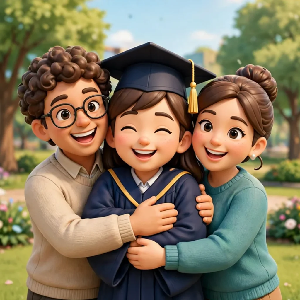 A smiling cartoon graduate in a navy cap and gown being hugged by a proud father in a cream sweater and a smiling mother in a teal sweater in a sunny green park.