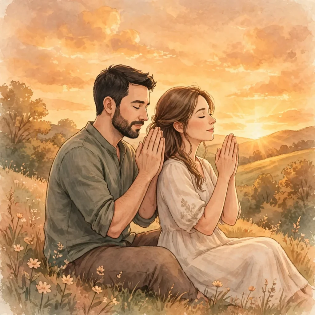 Soft illustration of a husband and wife sitting side by side at sunset with their hands raised together in prayer.