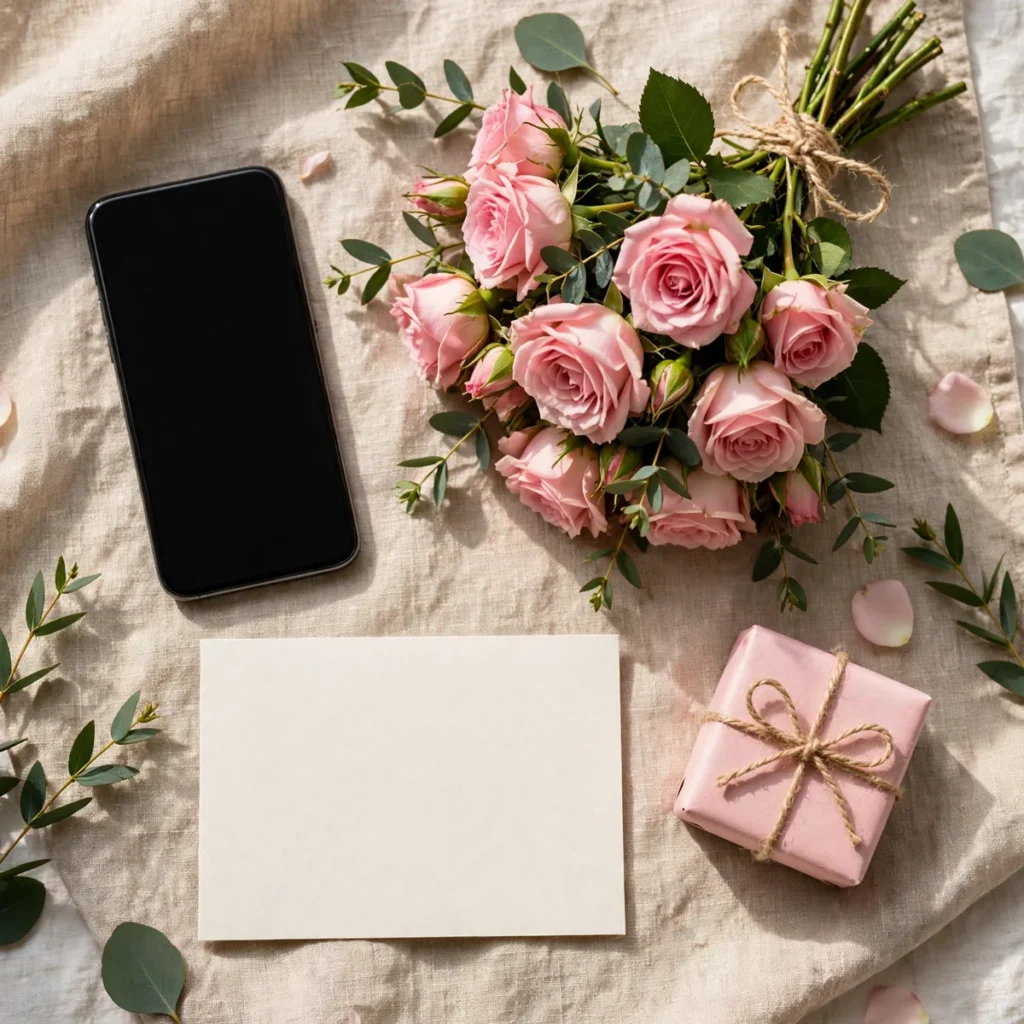 Happy mothers day message flat lay featuring a mothers day card, fresh flowers, and a smartphone on a bright table.