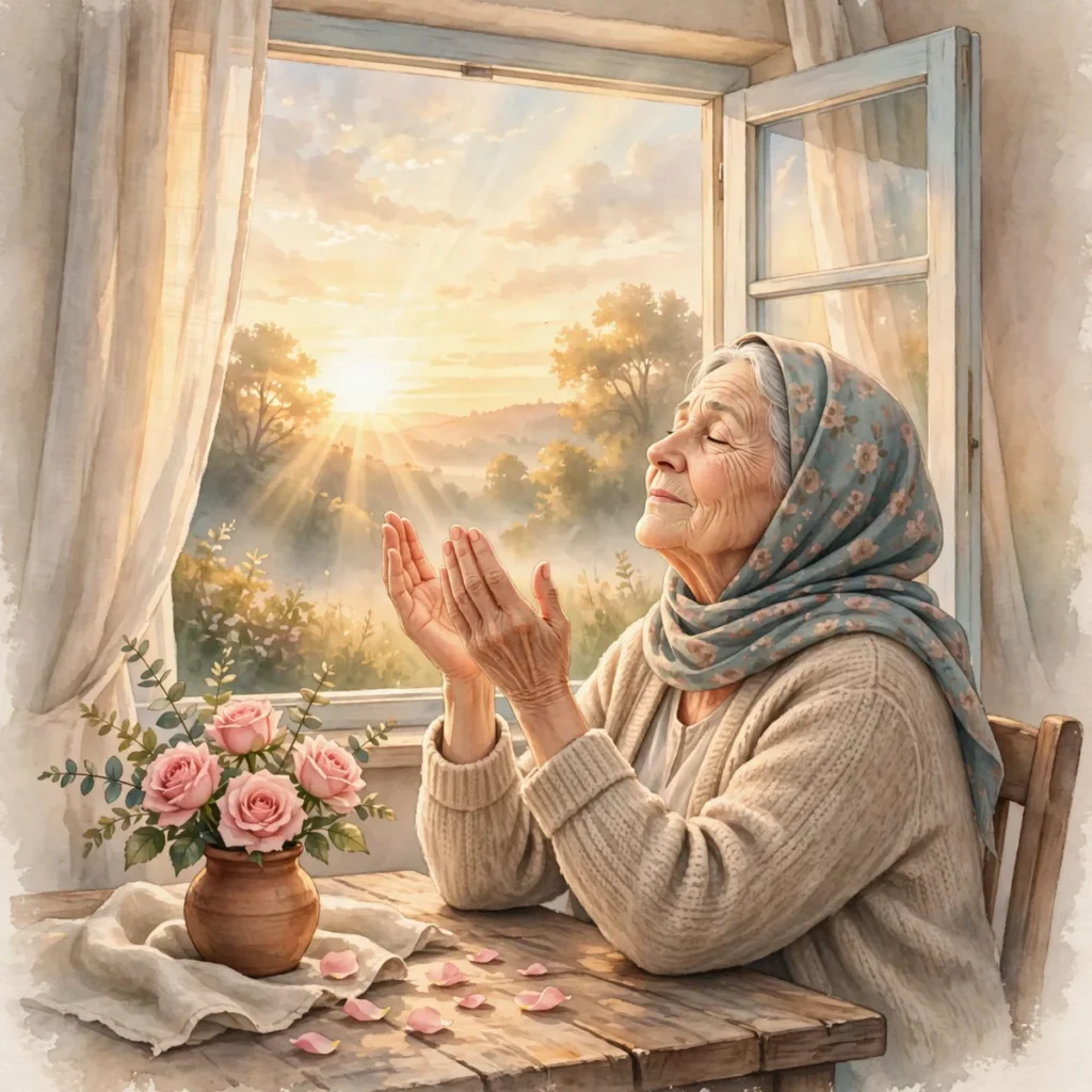 Happy mothers day message illustration featuring raised hands in dua in soft light, with flowers resting nearby.