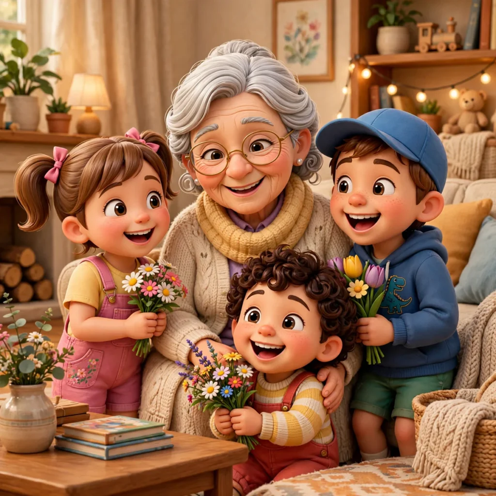 Happy mothers day message illustration featuring a kind 3D grandmother laughing with her grandchildren in a sunny garden.