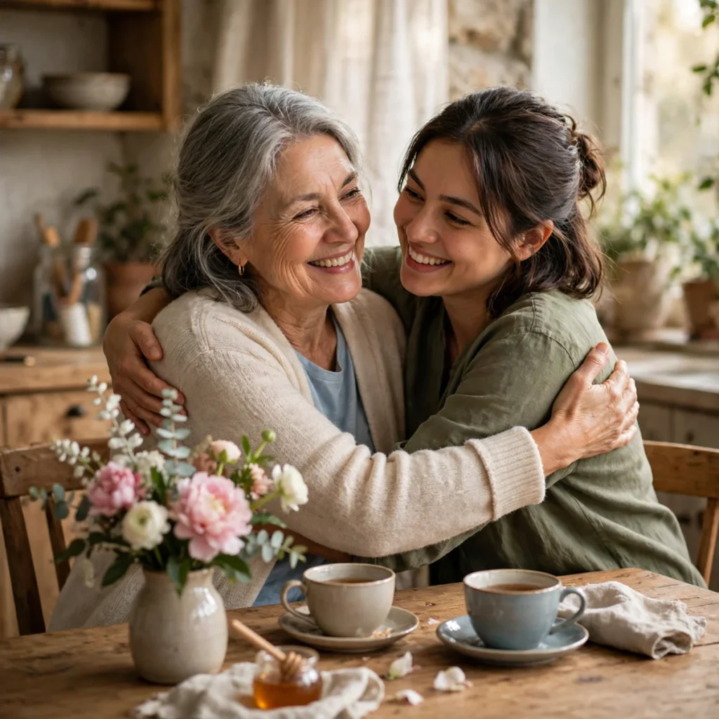 Happy mothers day message photo of a child hugging their mother warmly at home, with fresh flowers on the table nearby.