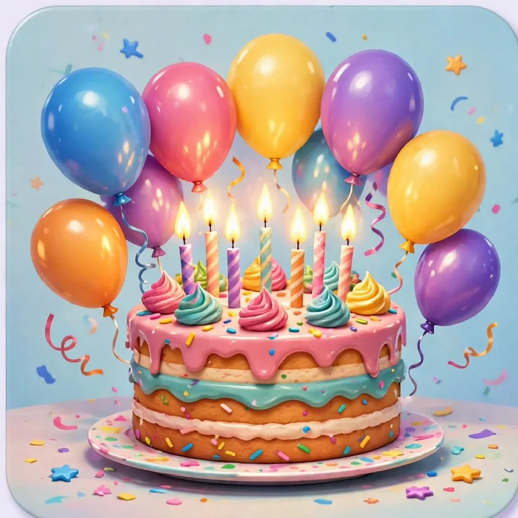 A glossy 3D cartoon birthday cake with pink drip icing, swirls of pastel frosting and seven lit candles, surrounded by blue, pink, yellow and purple balloons on a confetti-covered table.