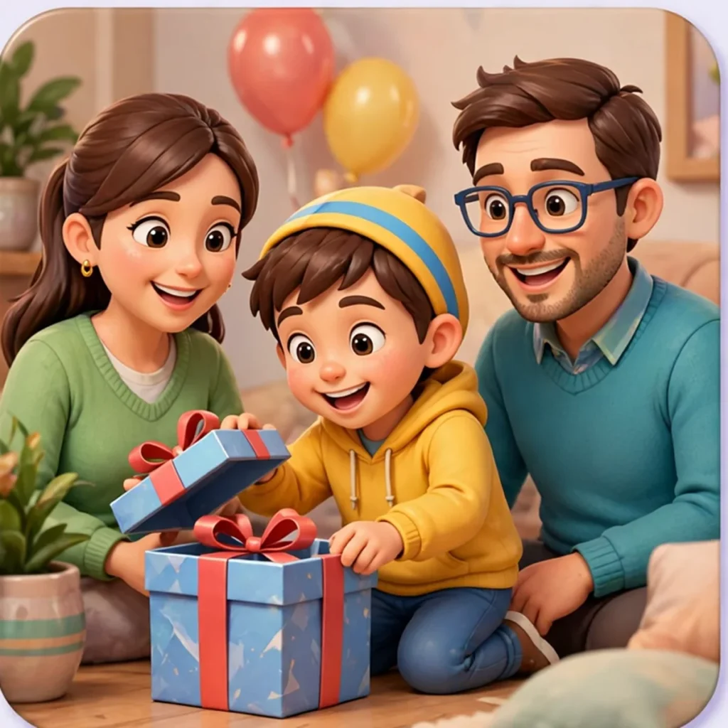 A delighted cartoon little boy in a yellow hoodie and striped cap lifting the lid of a big blue gift box with a red ribbon, while his smiling mother in a green sweater and father in a teal sweater and glasses watch beside him.