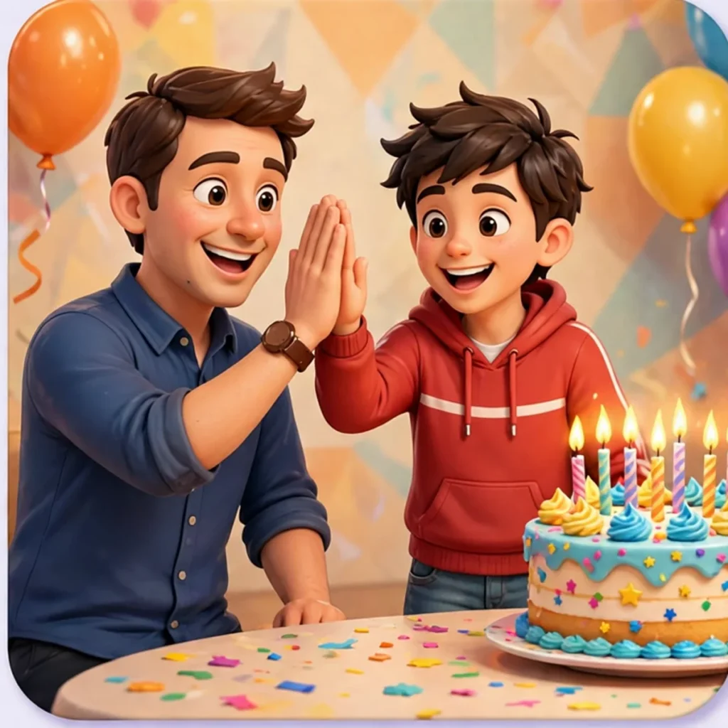 A smiling cartoon father in a blue shirt giving a high-five to his happy son in a red hoodie, standing at a confetti-covered table beside a birthday cake with lit candles and balloons behind them.