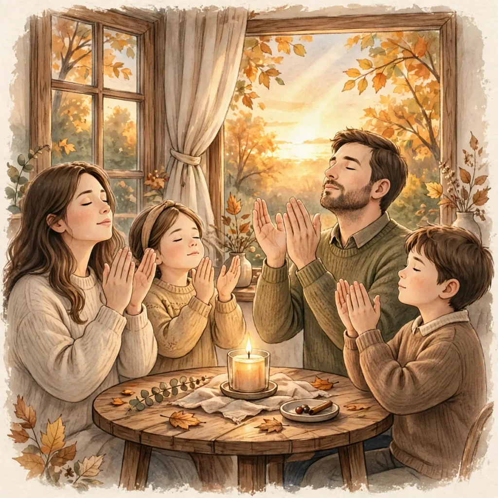 Thanksgiving message illustration featuring a peaceful candlelit table with pumpkins and an open gratitude journal at dusk.