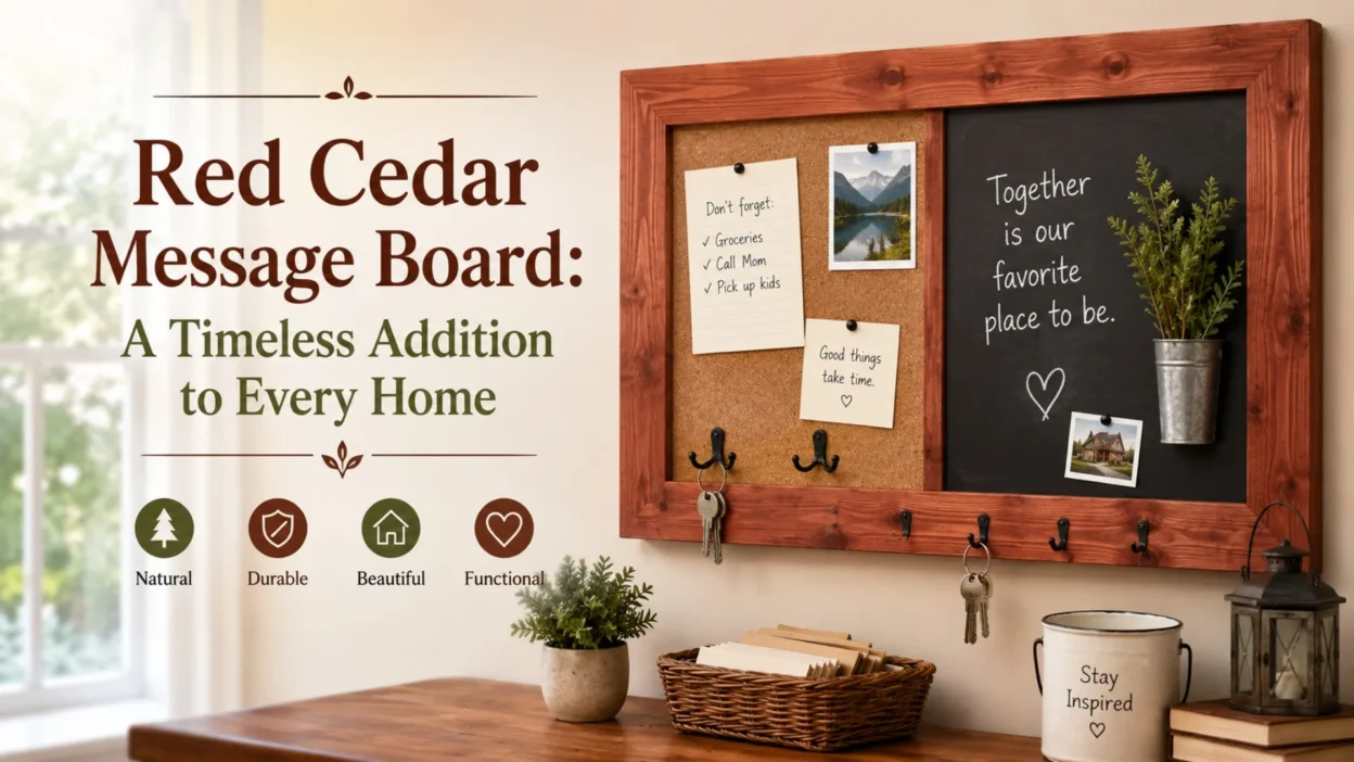 Red cedar message board with cork, chalkboard, notes, keys, and rustic home organization decor