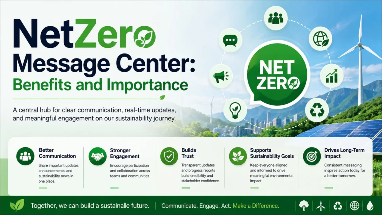 NetZero Message Center infographic showing sustainability communication, engagement, trust, and environmental goals