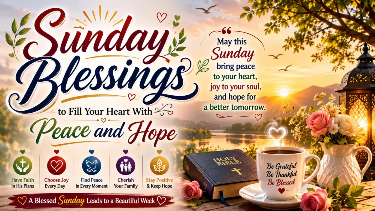 This warm Good Morning Sunday Blessings image shows a peaceful sunrise, open Bible, coffee cup, flowers, and gentle faith-filled messages. Its calm design brings hope, gratitude, and spiritual comfort for a beautiful Sunday morning.