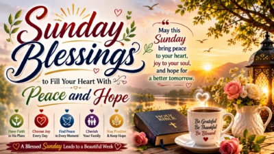 This warm Good Morning Sunday Blessings image shows a peaceful sunrise, open Bible, coffee cup, flowers, and gentle faith-filled messages. Its calm design brings hope, gratitude, and spiritual comfort for a beautiful Sunday morning.