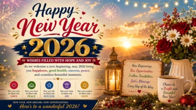 Happy New Year 2026 wishes image with fireworks, sunrise, flowers, lantern, and hopeful blessing message