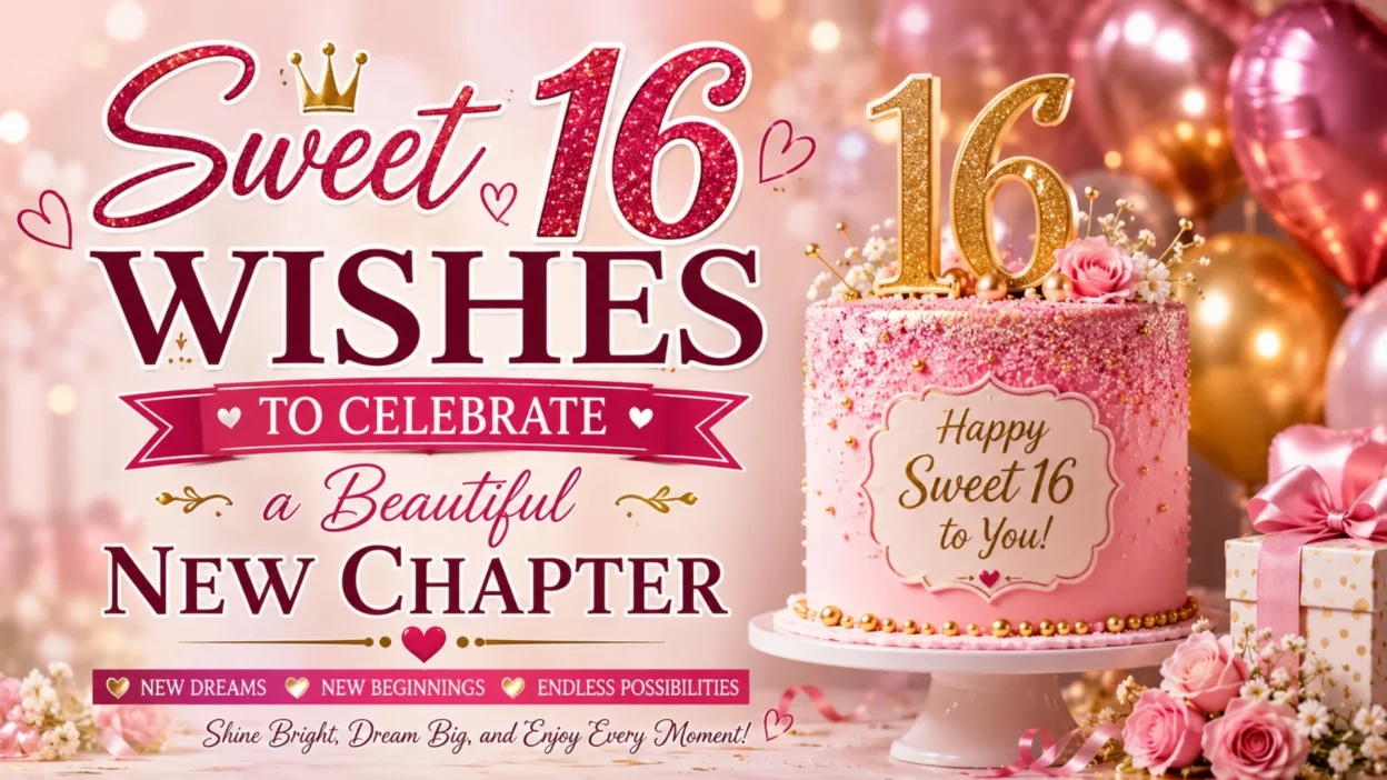 Sweet 16 wishes birthday image with pink cake, gold 16 topper, balloons, roses, and new chapter message