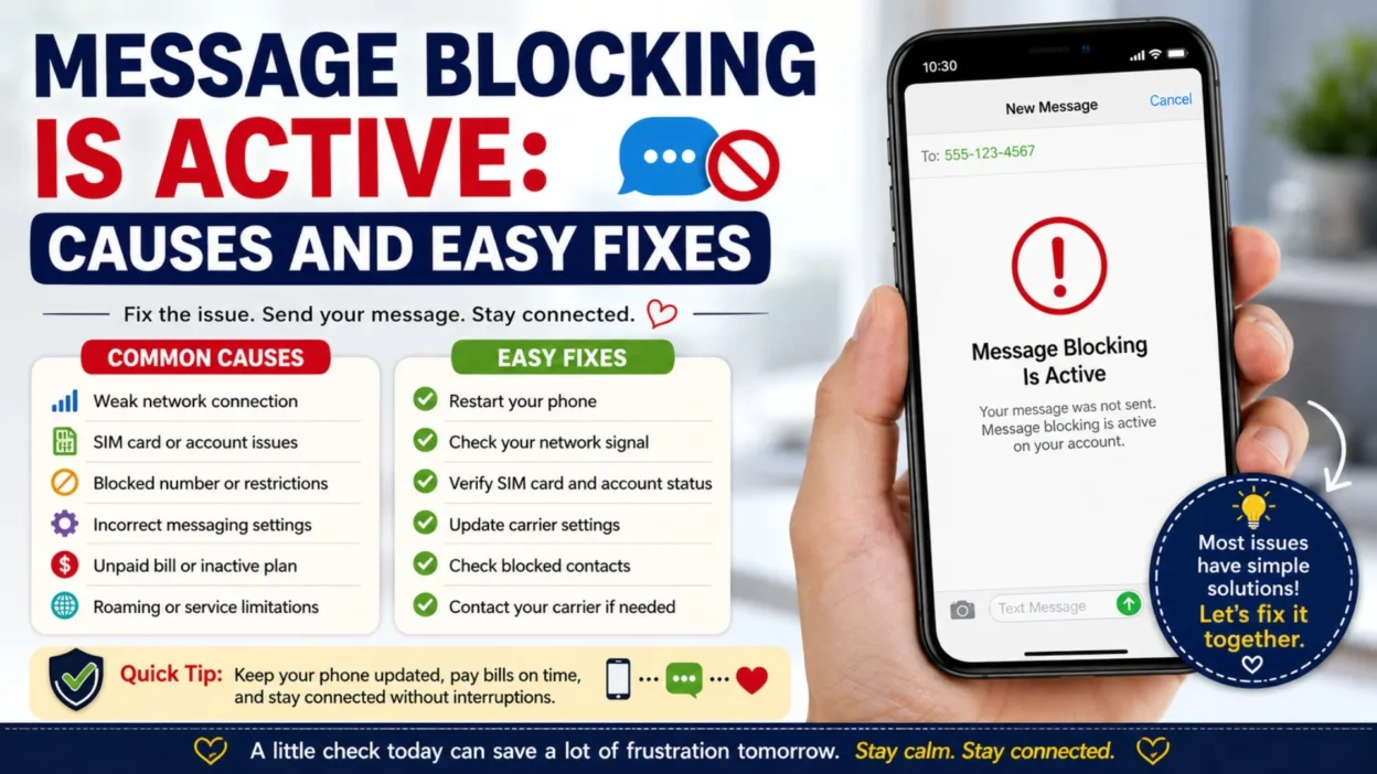 Message Blocking Is Active causes and easy fixes infographic with phone error, SMS settings, SIM issues, and network tips