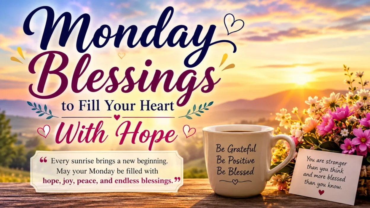 Monday Blessings to Fill Your Heart With Hope sunrise image with flowers, coffee mug, and inspiring morning message