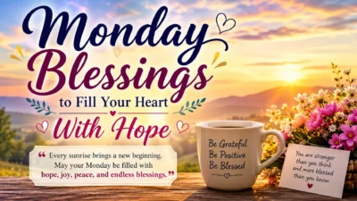 Monday Blessings to Fill Your Heart With Hope sunrise image with flowers, coffee mug, and inspiring morning message