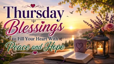 Thursday blessings image with sunrise, coffee, flowers, and peaceful message about hope and inner peace