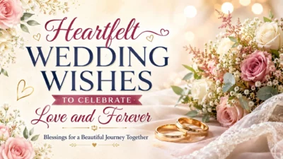 Heartfelt wedding wishes image with wedding rings, roses, and floral bouquet celebrating love and forever