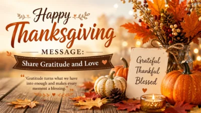Happy Thanksgiving message image with pumpkins, autumn leaves, candlelight, and gratitude-themed decor