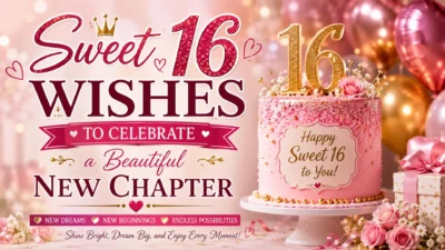 Sweet 16 wishes birthday image with pink cake, gold 16 topper, balloons, roses, and new chapter message