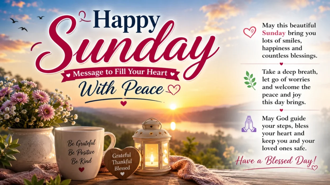Happy Sunday message with peaceful sunrise, flowers, lantern, coffee cup, and heartfelt blessings