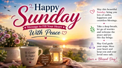 Happy Sunday message with peaceful sunrise, flowers, lantern, coffee cup, and heartfelt blessings