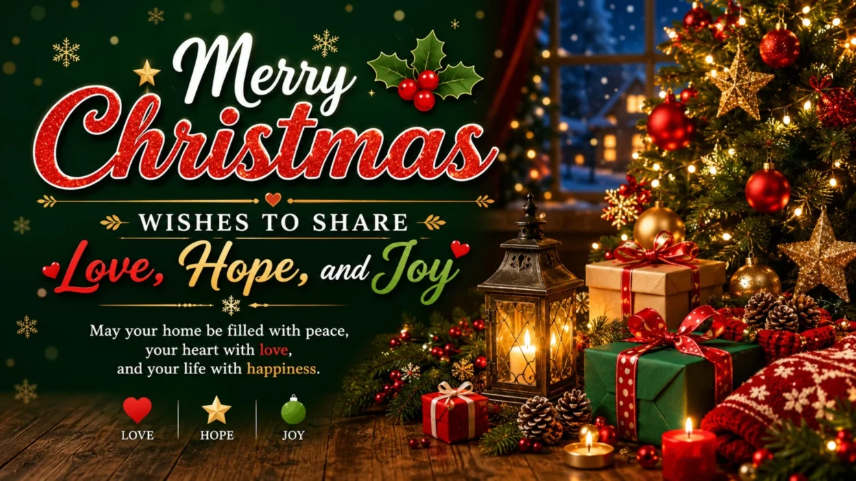 Merry Christmas wishes with glowing tree, gifts, candles, love, hope and joy message
