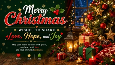 Merry Christmas wishes with glowing tree, gifts, candles, love, hope and joy message