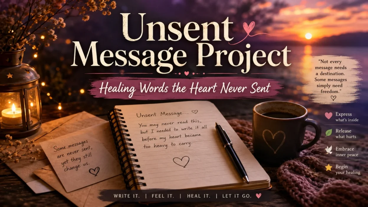 Unsent Message Project healing journal with handwritten letter, candlelight, and sunset background for emotional healing