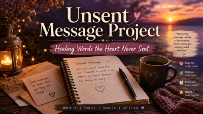 Unsent Message Project healing journal with handwritten letter, candlelight, and sunset background for emotional healing