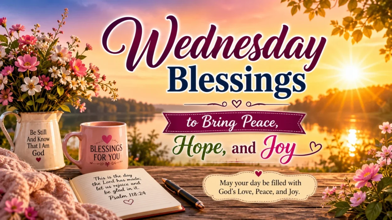 Wednesday blessings sunrise image with flowers, coffee mug, and peaceful lake inspiring hope, peace, and joy