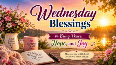 Wednesday blessings sunrise image with flowers, coffee mug, and peaceful lake inspiring hope, peace, and joy