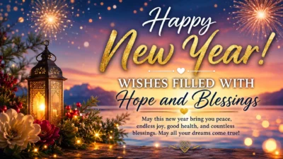 Happy New Year wishes with hope and blessings, featuring fireworks, lantern lights, flowers, and a peaceful sunset