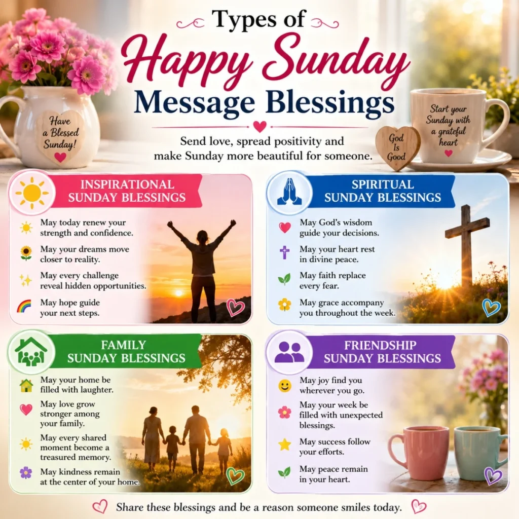 Types of Happy Sunday message blessings featuring inspirational, spiritual, family, and friendship wishes