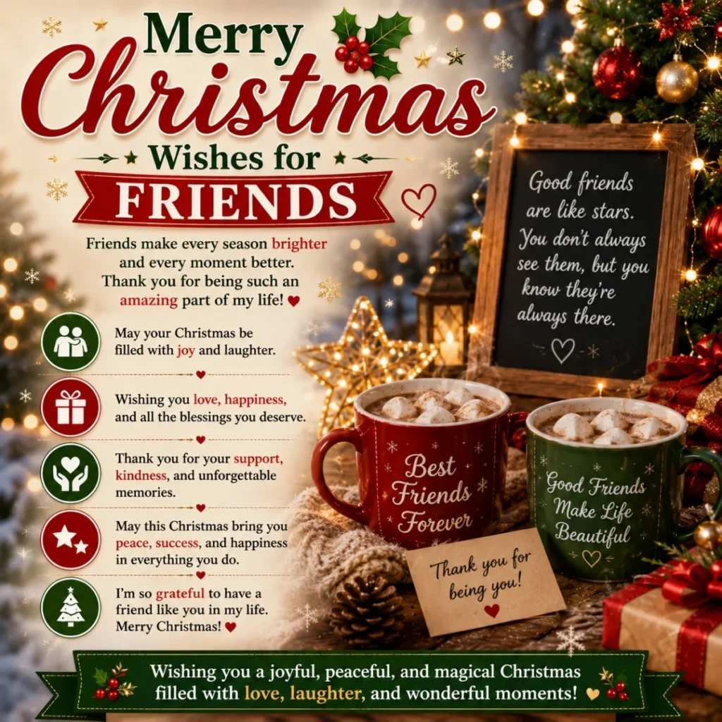 Merry Christmas wishes for friends with festive decorations, holiday lights, gifts, and heartfelt friendship messages