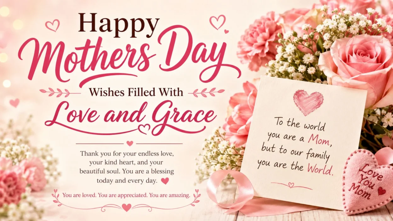Happy Mothers Day wishes banner with pink roses, hearts, and a loving message filled with love and grace.