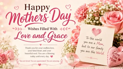 Happy Mothers Day wishes banner with pink roses, hearts, and a loving message filled with love and grace.