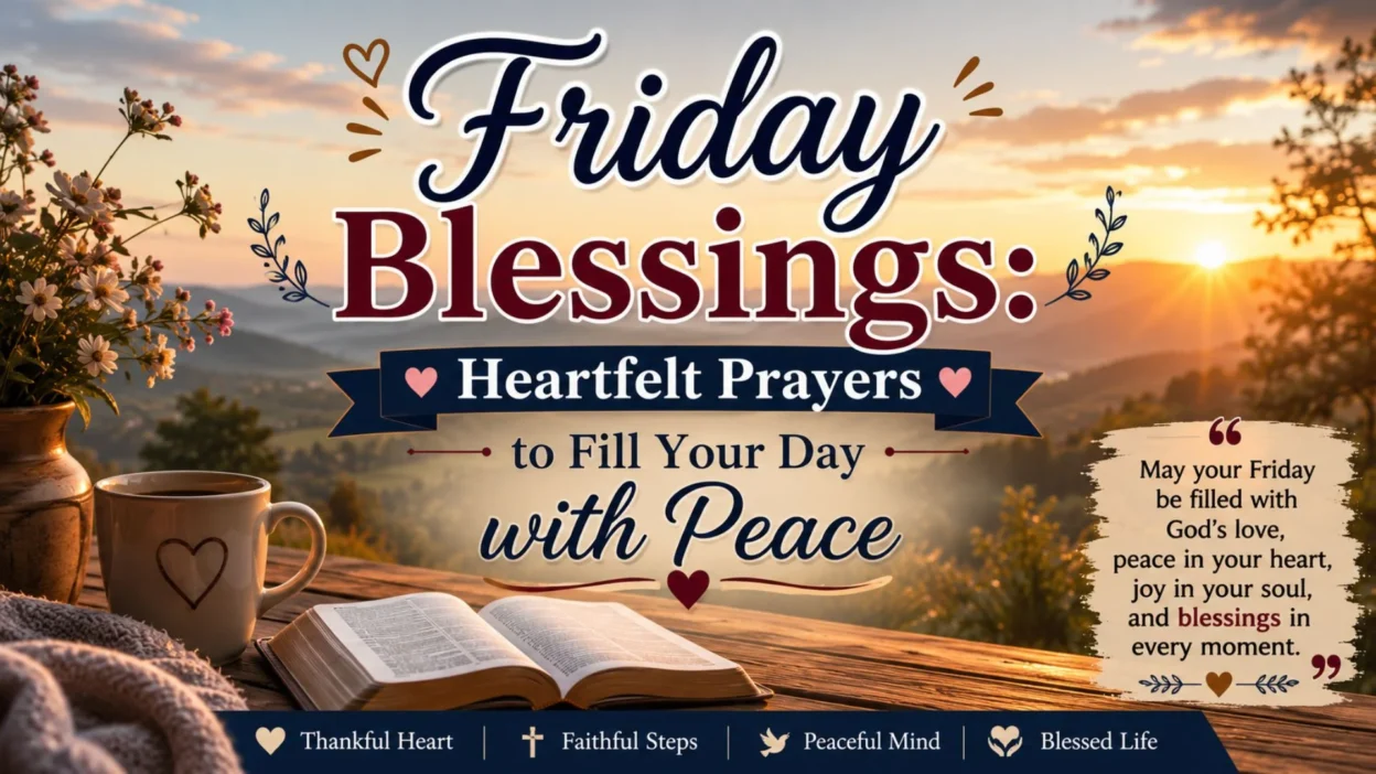 Friday blessings with heartfelt prayers, sunrise scenery, Bible, coffee, and peaceful morning inspiration for a blessed day.
