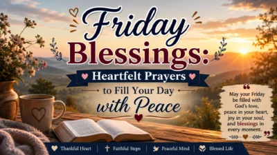 Friday blessings with heartfelt prayers, sunrise scenery, Bible, coffee, and peaceful morning inspiration for a blessed day.