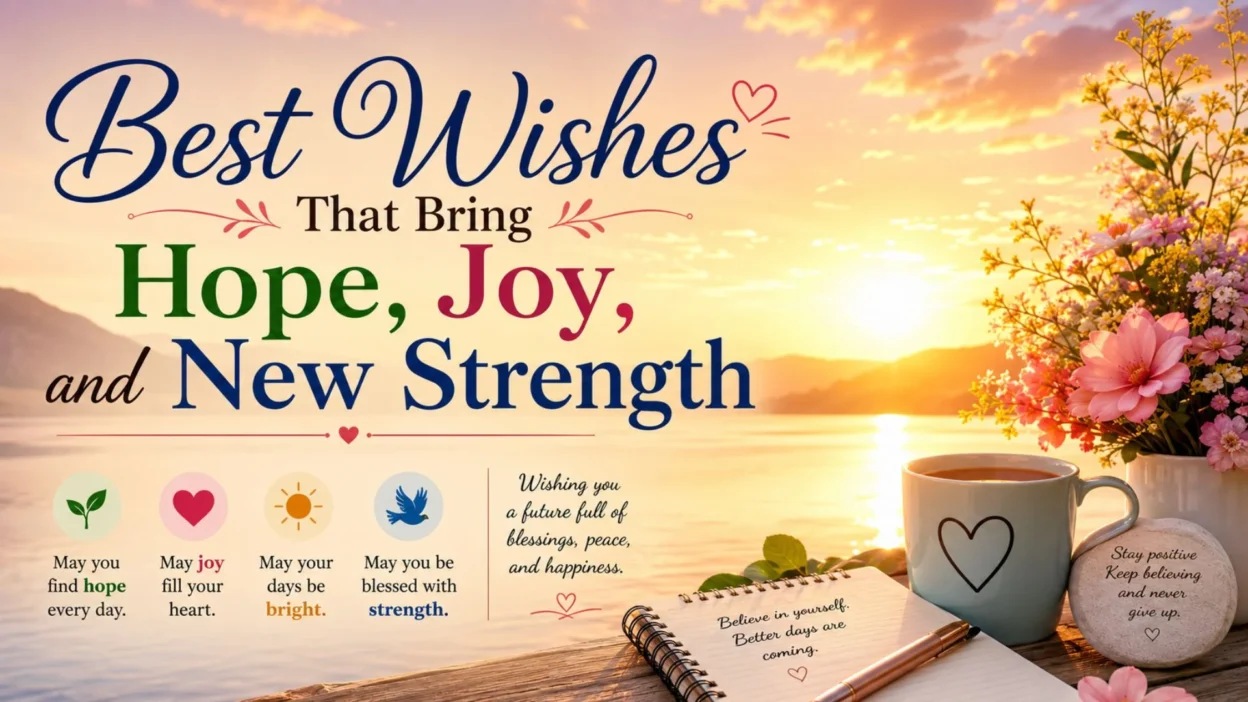 Best wishes graphic with sunrise, flowers, tea, and hopeful messages for joy, peace, and strength.