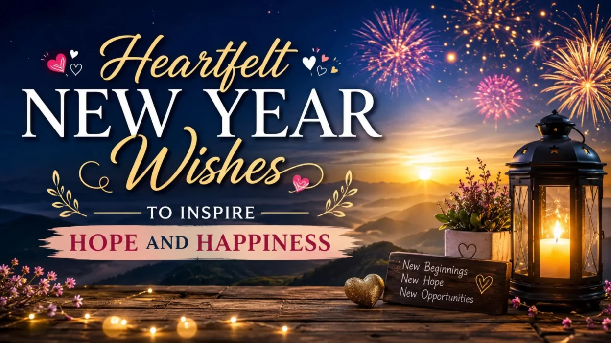 Heartfelt New Year wishes with fireworks, sunrise, lantern, and inspiring message of hope and happiness.