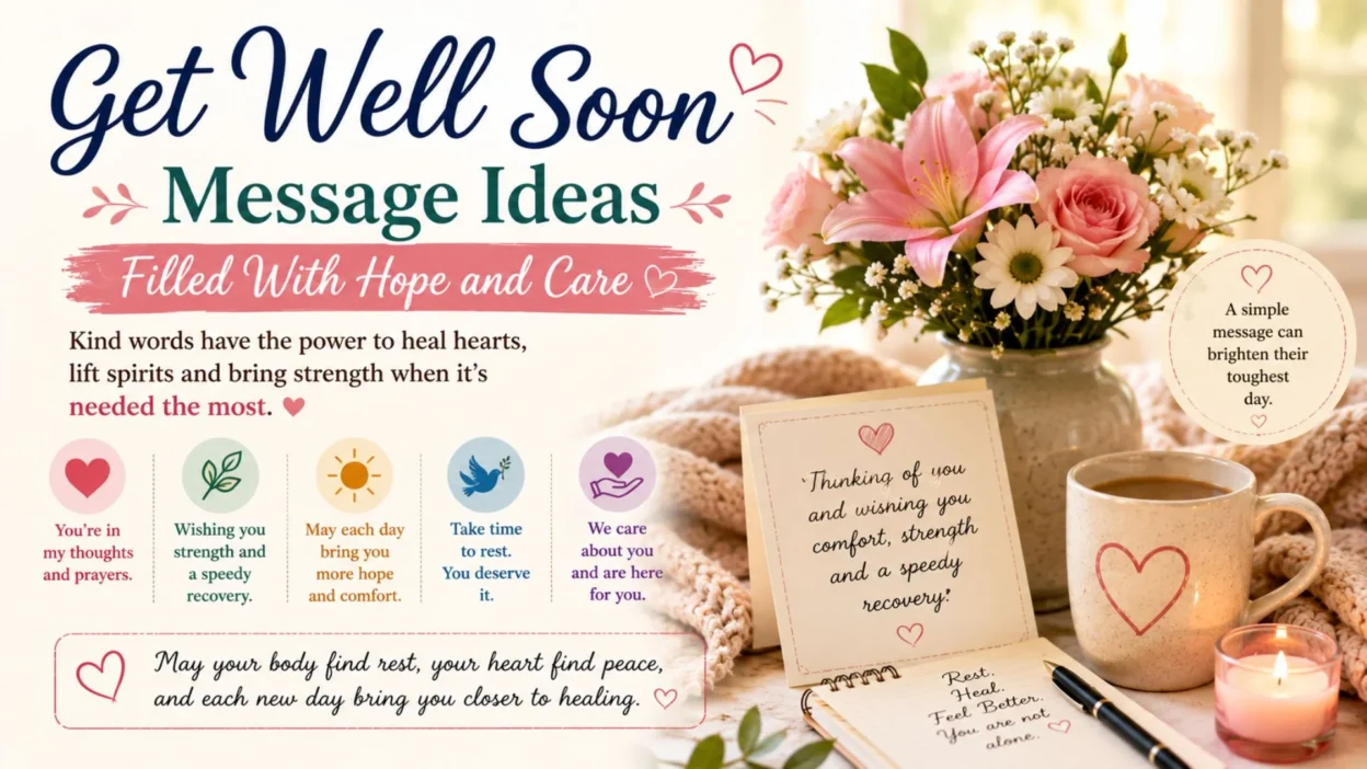 Get well soon message graphic with flowers, tea, candle, blanket, and comforting wishes for healing and hope.