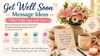 Get well soon message graphic with flowers, tea, candle, blanket, and comforting wishes for healing and hope.