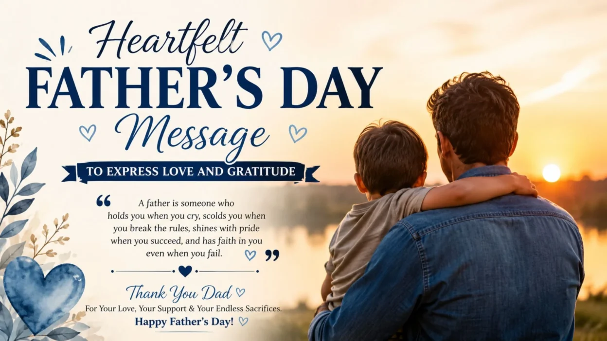Heartfelt Father's Day message featuring a father and son at sunset with words of love, gratitude, and appreciation.