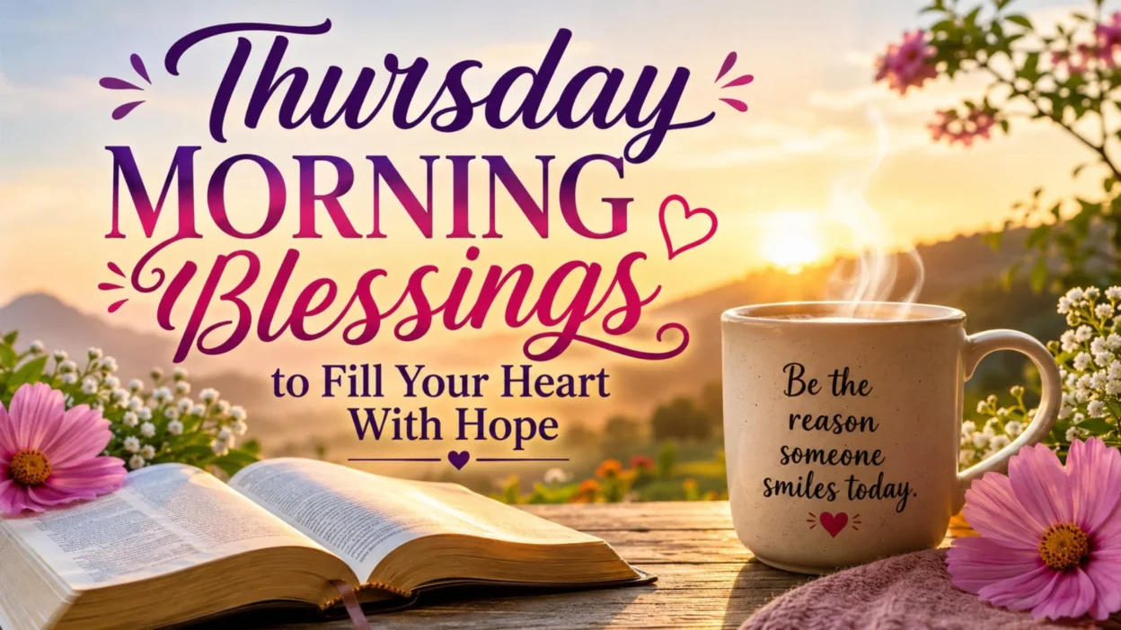 Thursday morning blessings graphic with sunrise, open Bible, flowers, and a steaming mug filled with hope.