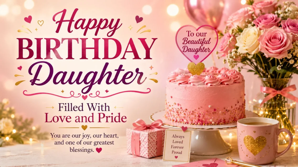 Birthday wishes for daughter image with pink cake, roses, balloons, gifts, and a loving message filled with pride.