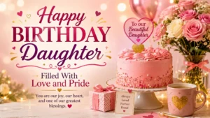 Birthday wishes for daughter image with pink cake, roses, balloons, gifts, and a loving message filled with pride.