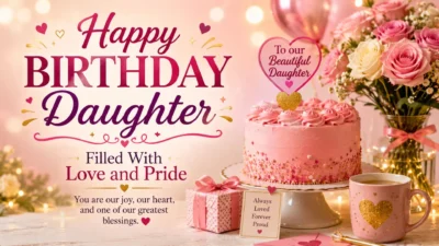 Birthday wishes for daughter image with pink cake, roses, balloons, gifts, and a loving message filled with pride.