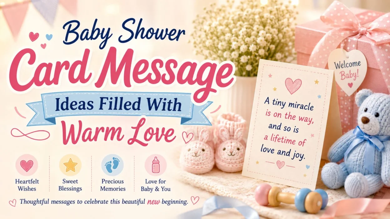 Baby shower card message ideas with gifts, teddy bear, baby shoes, and a heartfelt welcome baby card.